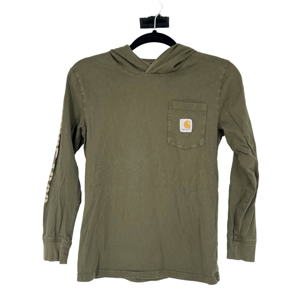 Carhartt Boys Olive Green Hooded Long Sleeve Pocket T Shirt Sleeve Graphic